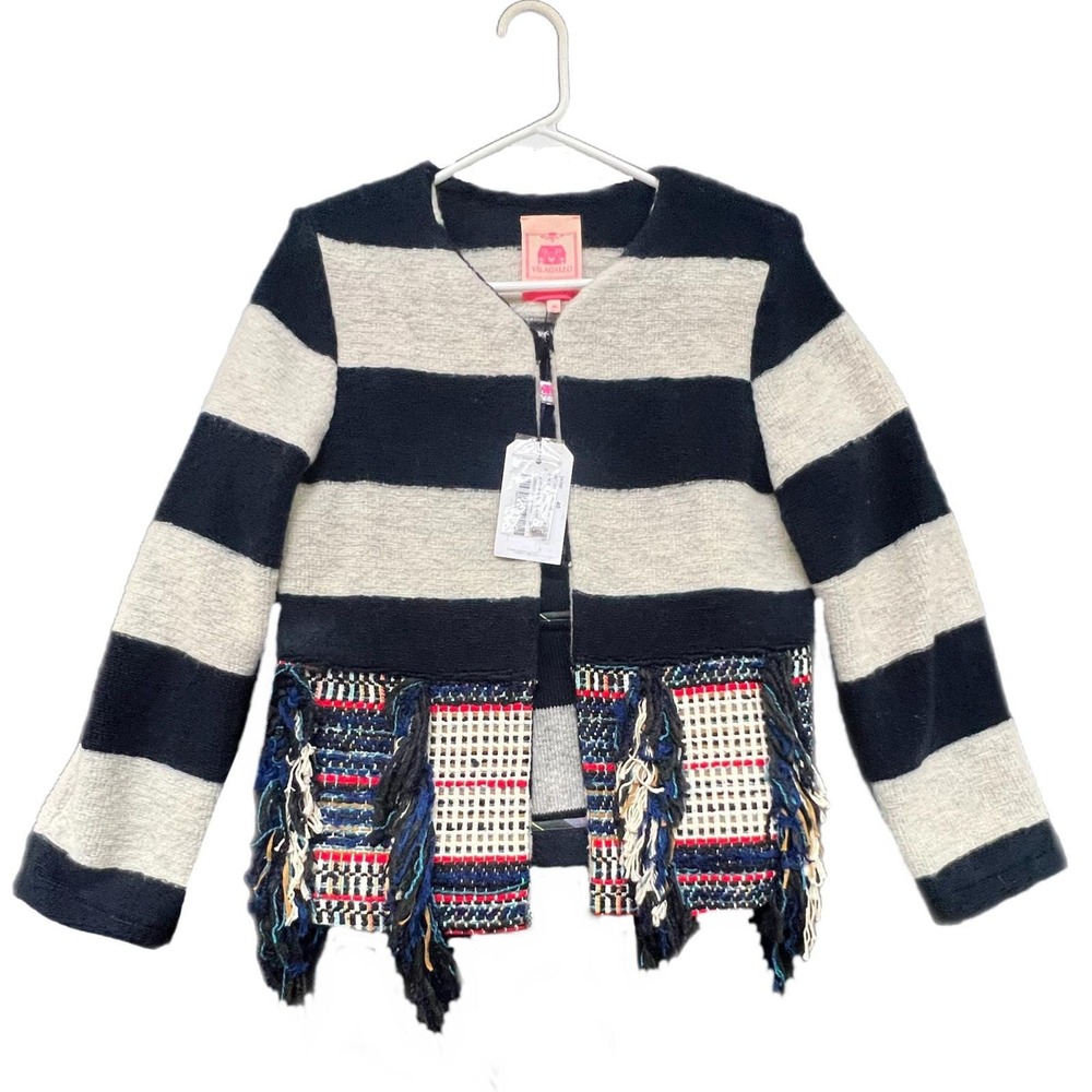 NEW Vilagallo Miranda‎ Striped Jacket Navy Cream Fringe Tweed Size 6US